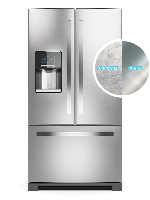 A sleek, ceramic-coated refrigerator in a modern kitchen setting, exemplifying advanced home appliance protection.